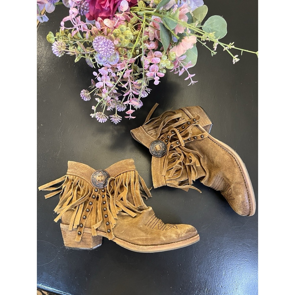 Sam Edelman Tan Suade Leather Western Fringe Concho Ankle Booties Sz 8.5 As Is